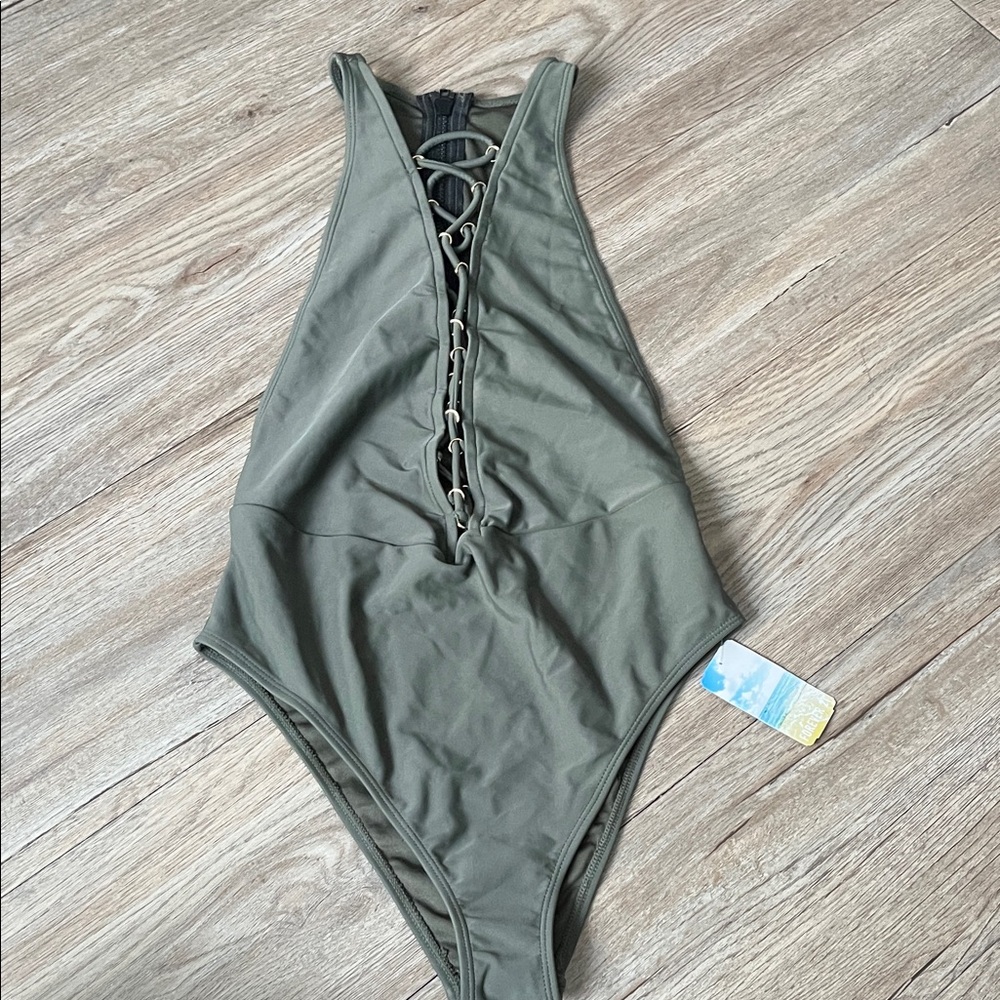 Forever 21 Olive Lace-Up One-Piece Swimsuit